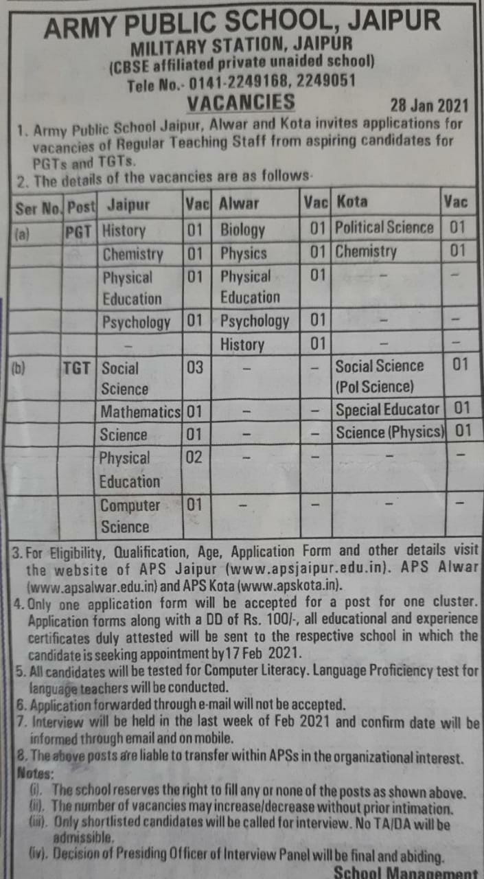 APS Jaipur Recruitment