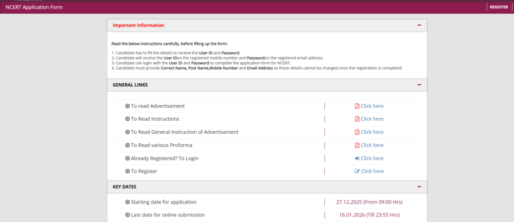 NCERT Non Teaching Apply Website